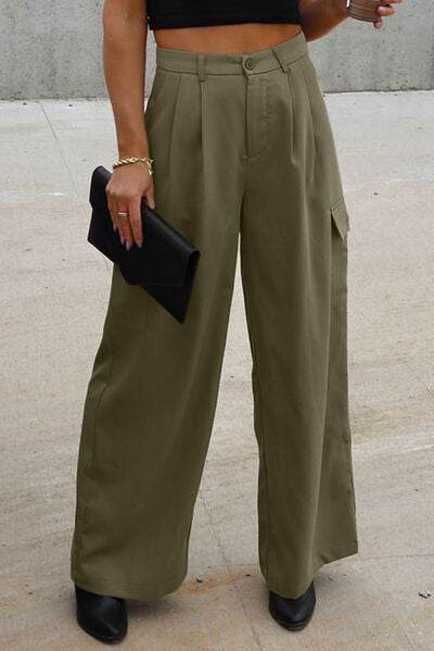 Ruched Wide Leg Pants with Pockets Army Green for a perfect OOTD – dress to impress outfits from Amexza