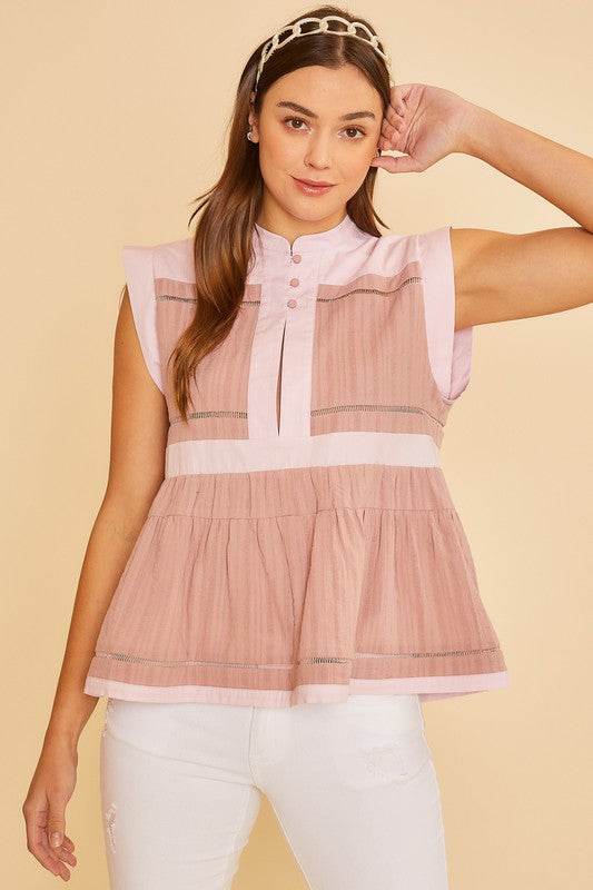 Annie Wear Contrast Trim Peplum Button Detail Blouse Dusty Pink for a perfect OOTD – dress to impress outfits from Amexza