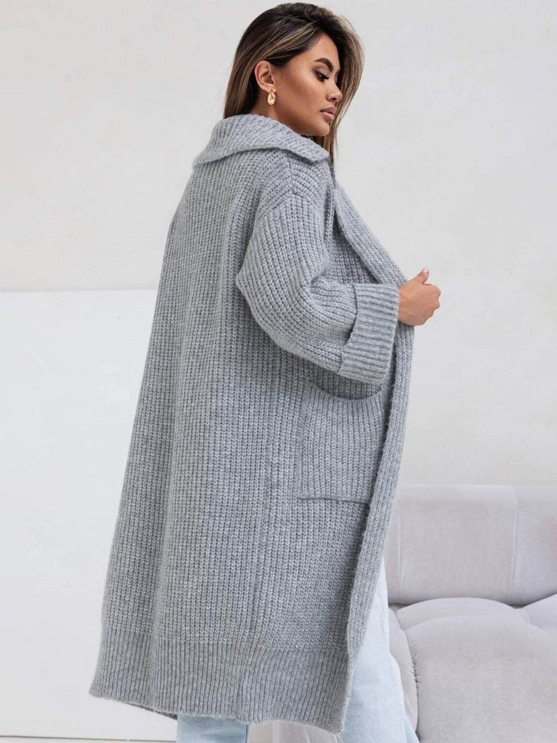 Pocketed Collared Neck Dropped Shoulder Cardigan for a perfect OOTD – dress to impress outfits from Amexza