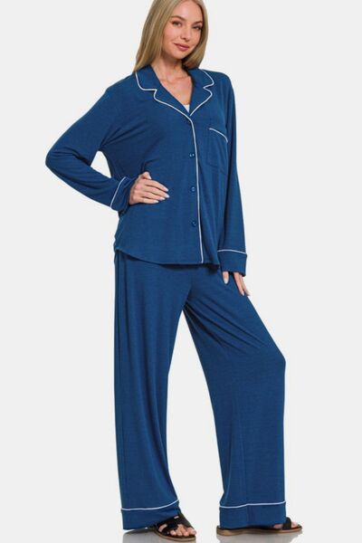 Zenana Button Down Long Sleeve Top and Pants Lounge Set Peacock Blue for a perfect OOTD – dress to impress outfits from Amexza