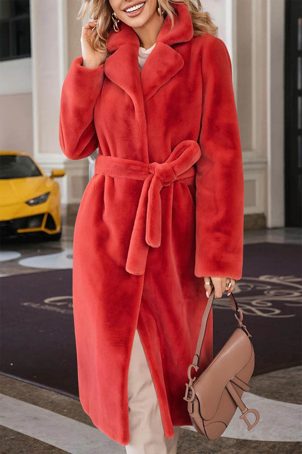 Full Size Fuzzy Tied Collared Neck Coat for a perfect OOTD – dress to impress outfits from Amexza