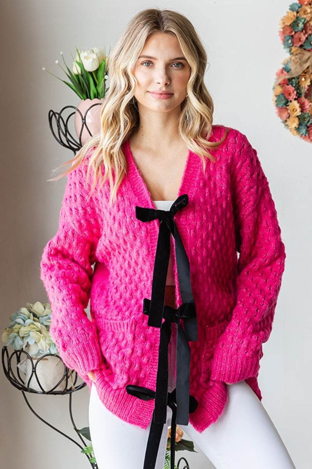 First Love Tie Closure Open Knit Cardigan Deep Rose for a perfect OOTD – dress to impress outfits from Amexza