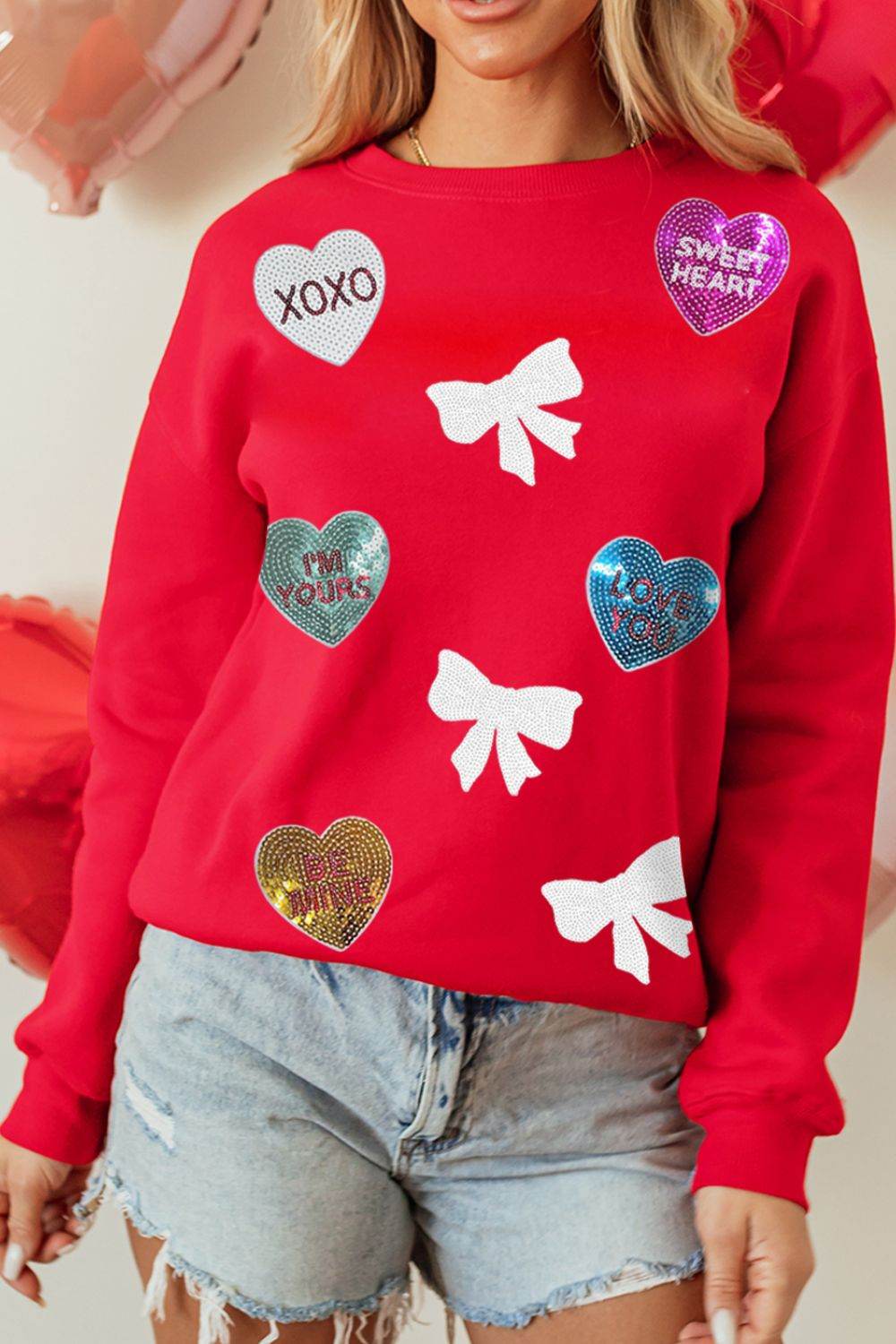 Valentine’s Day Sequin Bow Heart Round Neck Sweatshirt for a perfect OOTD – dress to impress outfits from Amexza