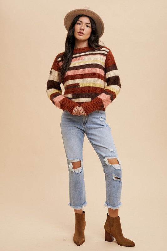 Annie Wear Color Block Round Neck Long Sleeve Sweater - Amexza