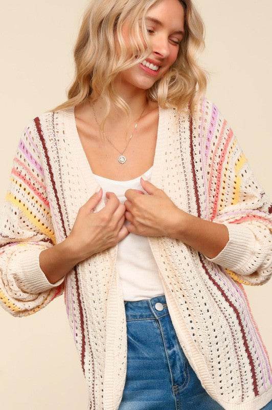 Haptics Full Size Striped Crochet Open Front Cardigan Oatmeal Coral Yellow for a perfect OOTD – dress to impress outfits from Amexza