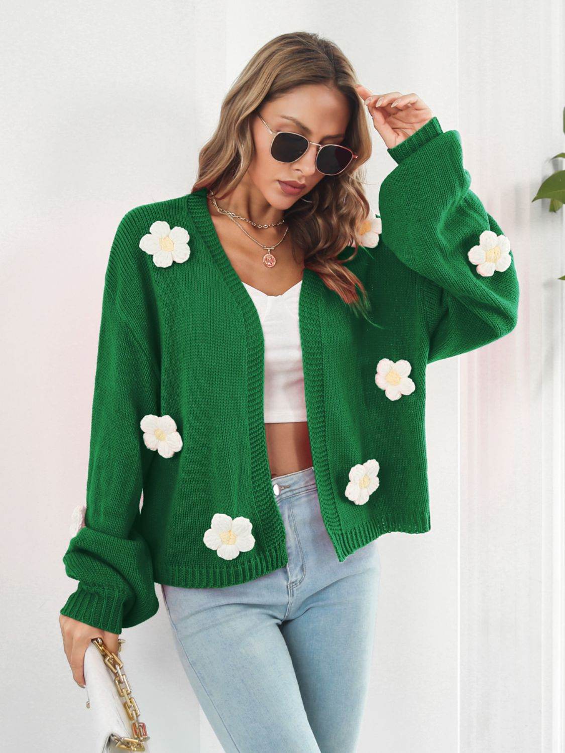 Floral Open Front Long Sleeve Cardigan Green for a perfect OOTD – dress to impress outfits from Amexza