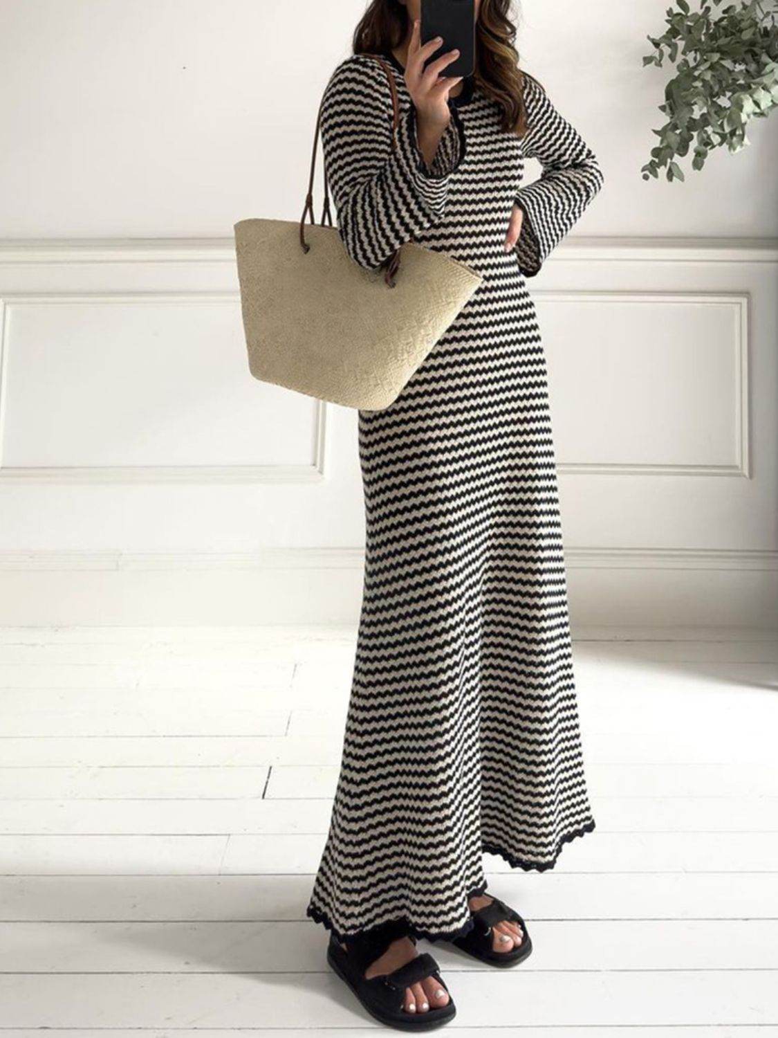 Devine Tied Round Neck Striped Sweater Dress for a perfect OOTD – dress to impress outfits from Amexza