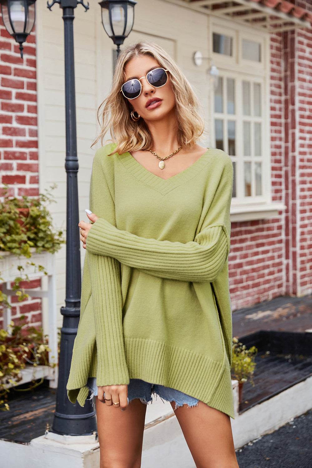 V-Neck Slit Exposed Seam Sweater for a perfect OOTD – dress to impress outfits from Amexza