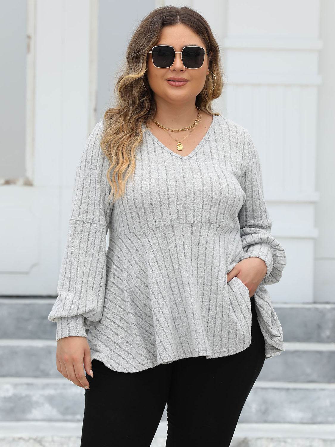 Plus Size Ribbed V-Neck Long Sleeve Blouse Light Gray for a perfect OOTD – dress to impress outfits from Amexza