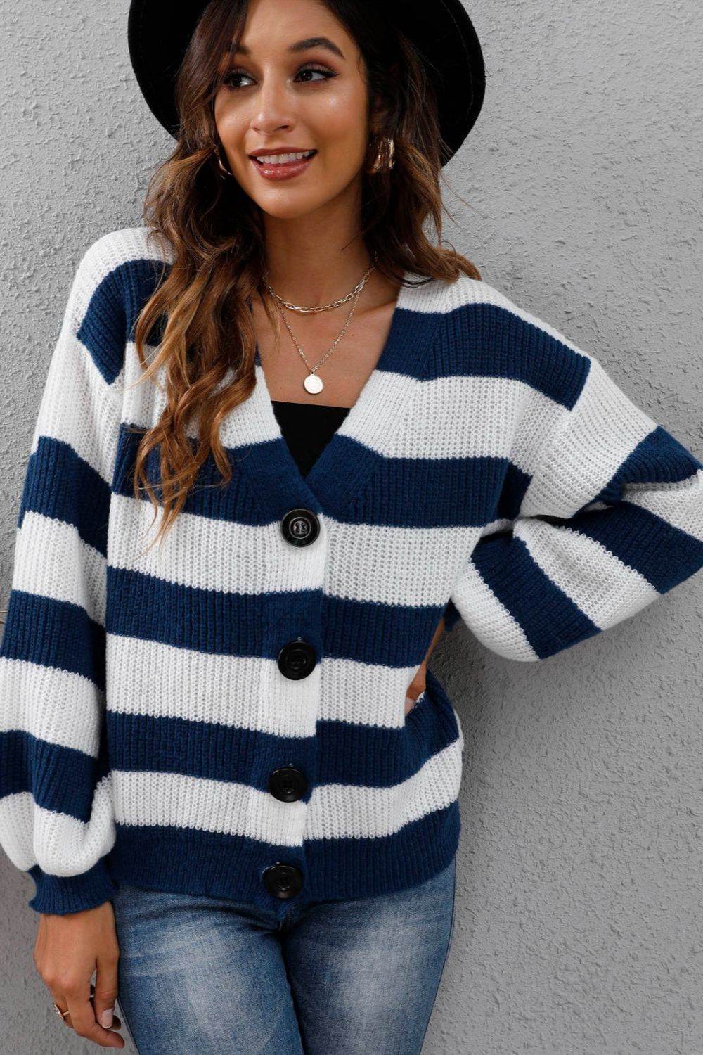 Striped Button Up Long Sleeve Sweater for a perfect OOTD – dress to impress outfits from Amexza