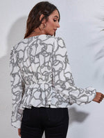 Printed V-Neck Balloon Sleeve Peplum Blouse - Amexza
