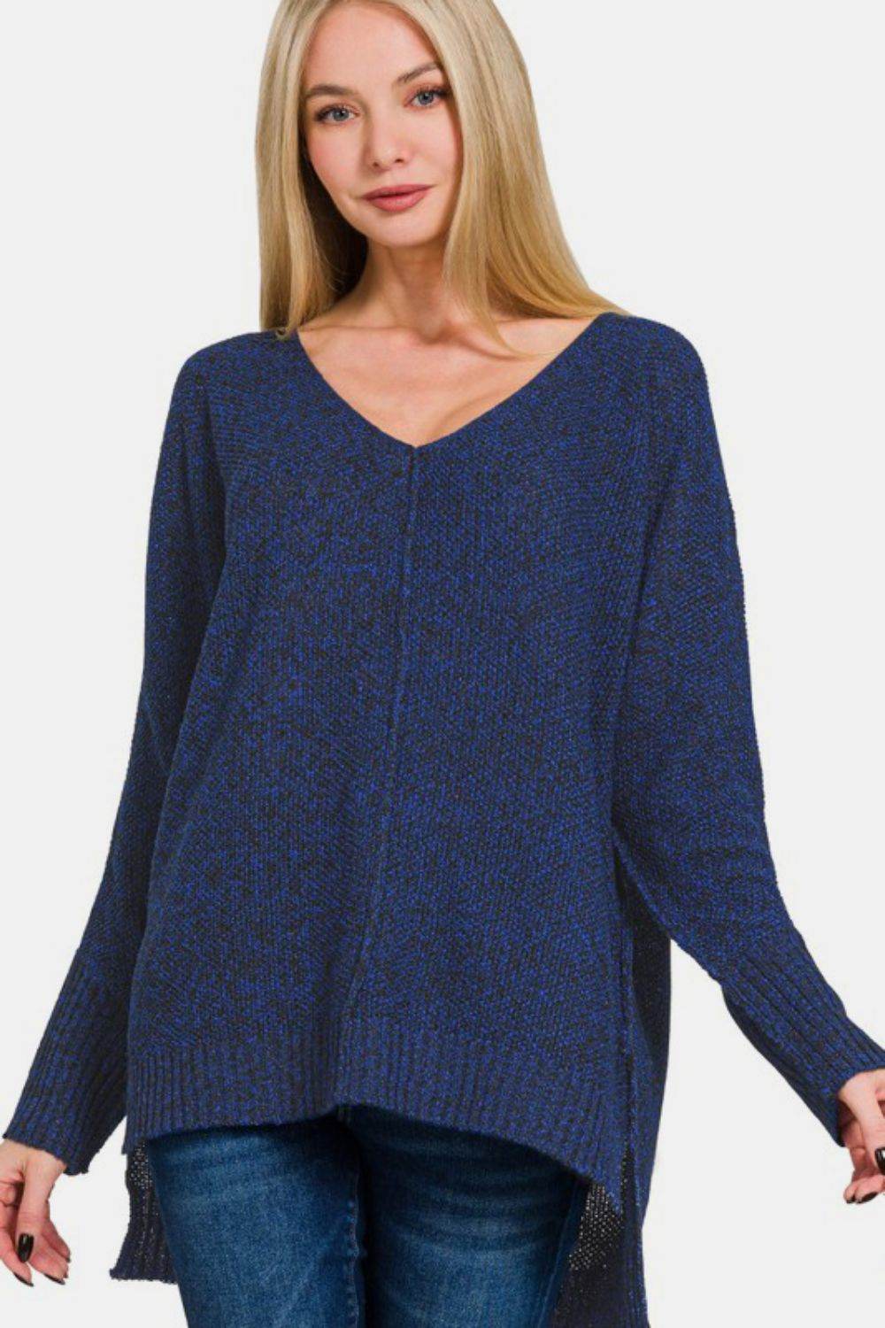 Zenana High-Low Center Seam V-Neck Sweater Dark Navy for a perfect OOTD – dress to impress outfits from Amexza