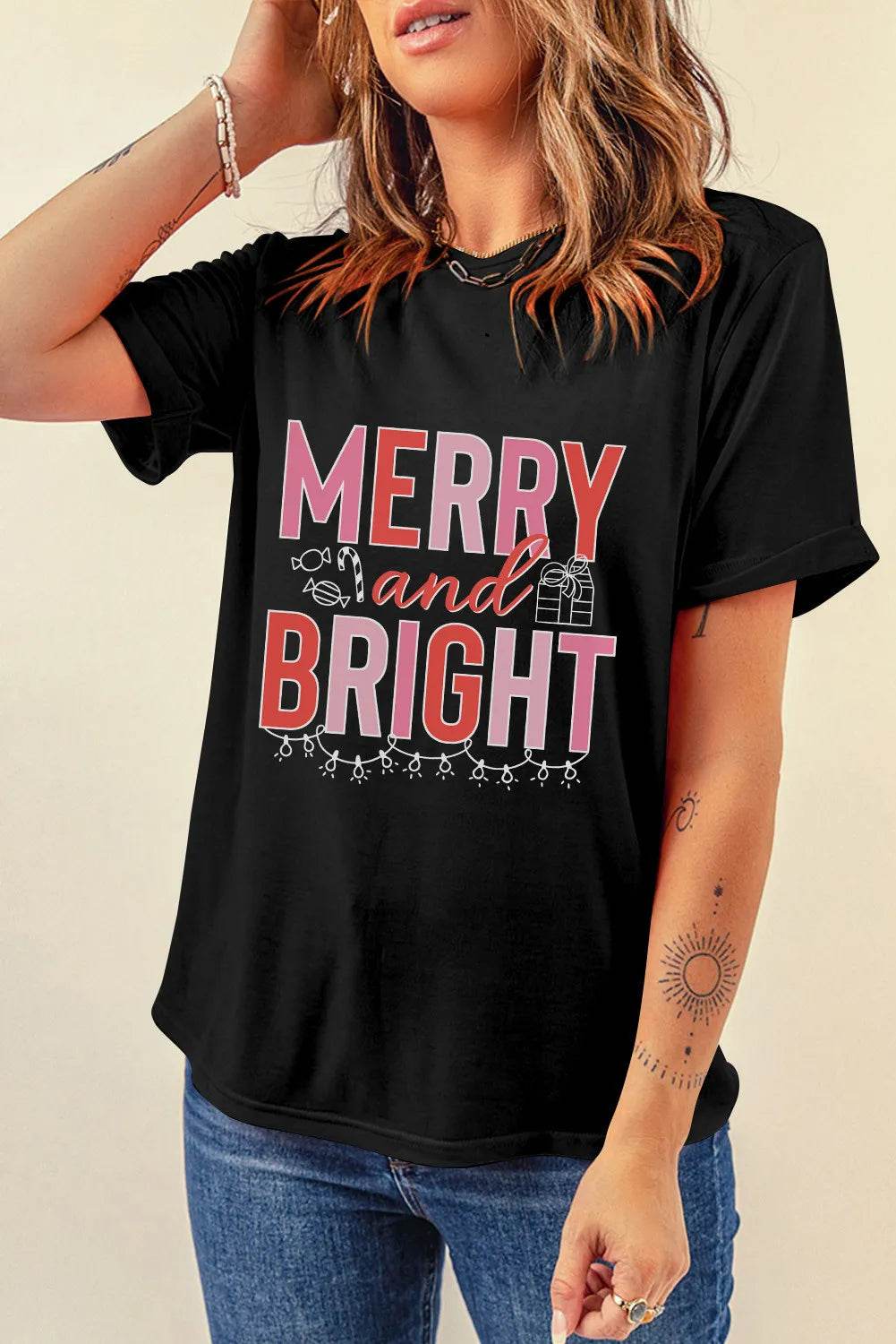 MERRY AND BRIGHT Round Neck Short Sleeve T-Shirt Black for a perfect OOTD – dress to impress outfits from Amexza