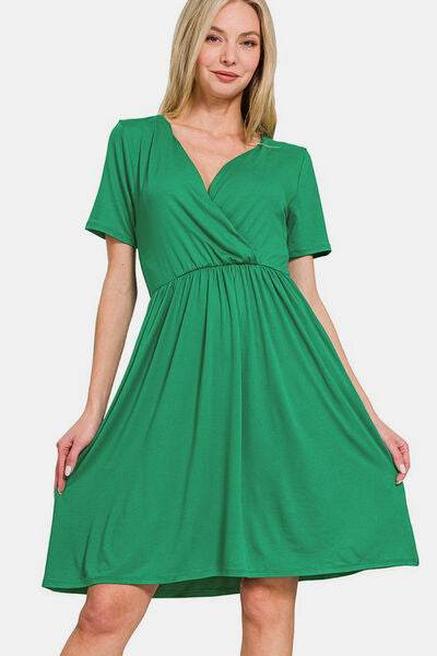 Zenana Surplice Short Sleeve Brushed DTY Dress Green for a perfect OOTD – dress to impress outfits from Amexza