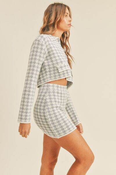 MABLE Houndstooth Cropped Knit Cardigan and Mini Skirt Set for a perfect OOTD – dress to impress outfits from Amexza