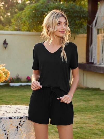 V-Neck Short Sleeve Top and Pocketed Shorts Lounge Set for a perfect OOTD – dress to impress outfits from Amexza