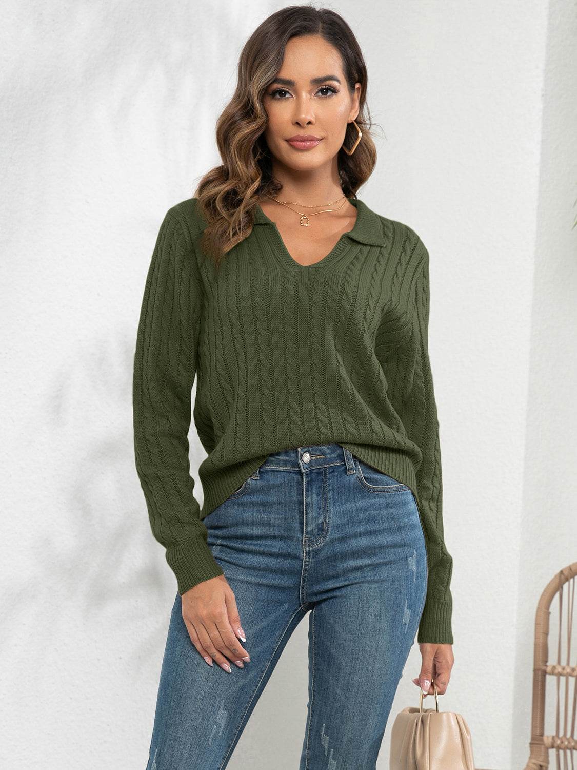 Johnny Collar Cable-Knit Long Sleeve Sweater Army Green for a perfect OOTD – dress to impress outfits from Amexza