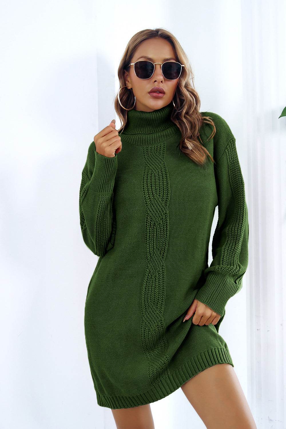 Openwork Turtleneck Long Sleeve Sweater Dress - Amexza