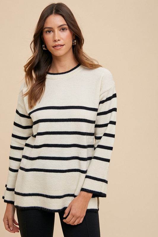 Annie Wear Side Slit Striped Round Neck Sweater for a perfect OOTD – dress to impress outfits from Amexza