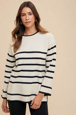 Annie Wear Side Slit Striped Round Neck Sweater for a perfect OOTD – dress to impress outfits from Amexza