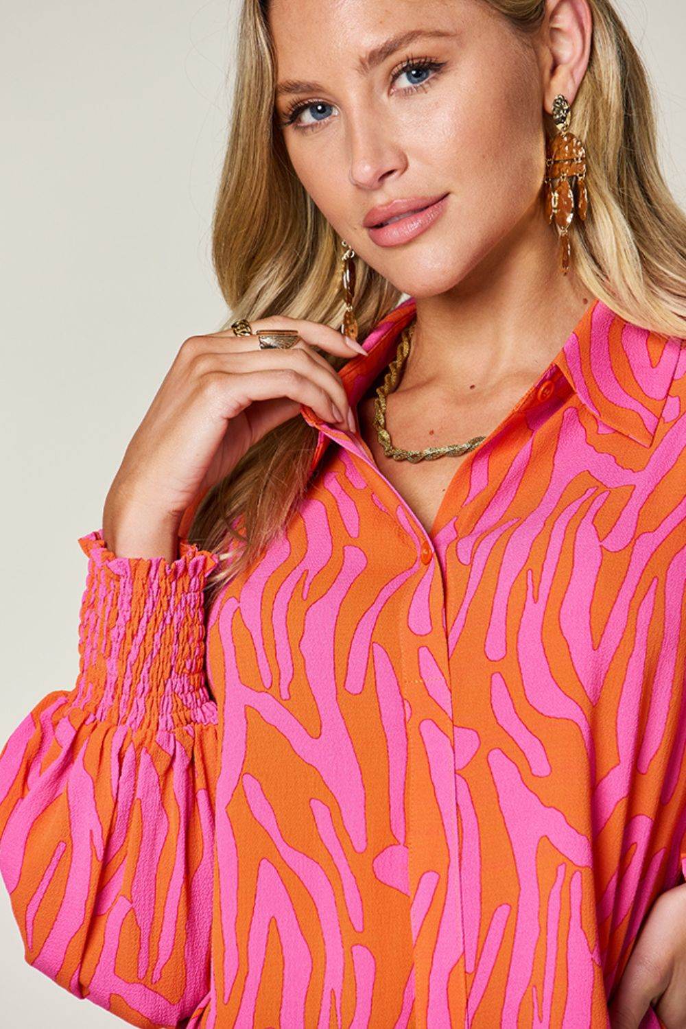 Double Take Full Size Printed Smocked Long Sleeve Blouse for a perfect OOTD – dress to impress outfits from Amexza