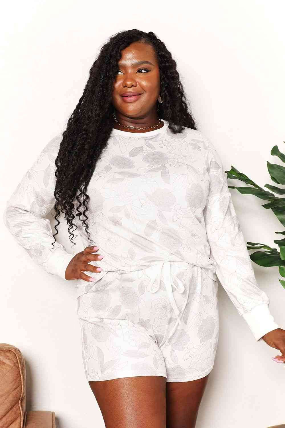 Double Take Floral Long Sleeve Top and Shorts Loungewear Set White for a perfect OOTD – dress to impress outfits from Amexza