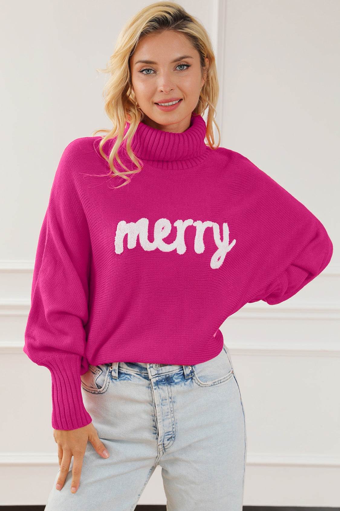 Merry Letter Embroidered High Neck Sweater Deep Rose for a perfect OOTD – dress to impress outfits from Amexza