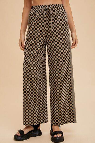 Annie Wear Drawstring Checkered Wide Leg Pants - Amexza