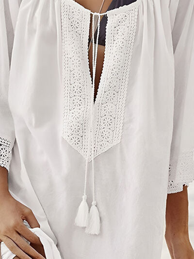 Lace Detail Tie Neck Three-Quarter Sleeve Cover Up for a perfect OOTD – dress to impress outfits from Amexza