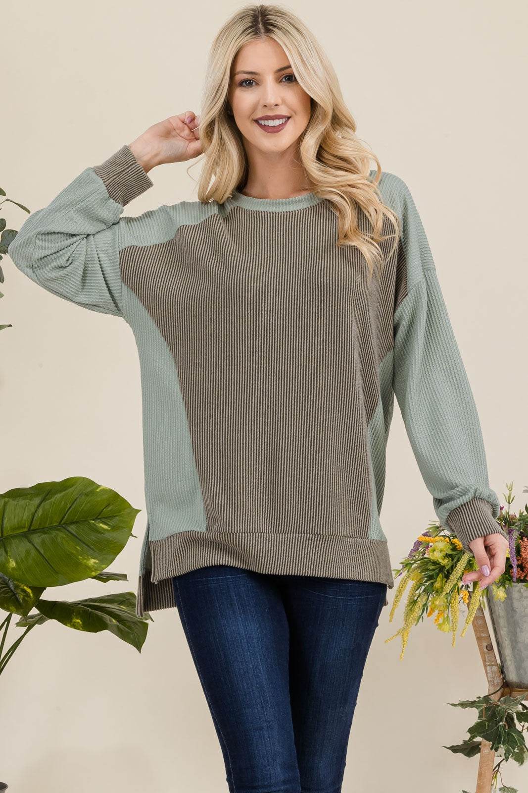 Celeste Full Size High-Low Contrast Round Neck Sweatshirt for a perfect OOTD – dress to impress outfits from Amexza