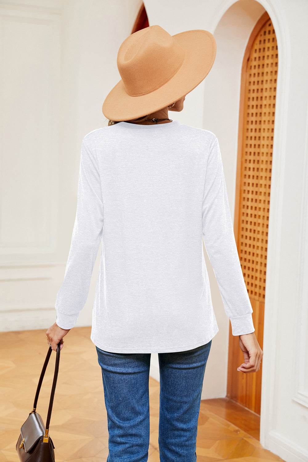 Buttoned Notched Neck Long Sleeve Top for a perfect OOTD – dress to impress outfits from Amexza