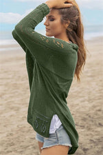 Openwork Side Slit Open Front Long Sleeve Cardigan - Amexza