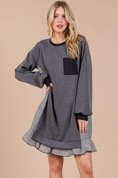 Ces Femme Striped Patchwork Round Neck Terry Sweatshirt Dress Charcoal for a perfect OOTD – dress to impress outfits from Amexza