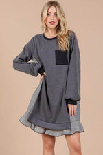 Ces Femme Striped Patchwork Round Neck Terry Sweatshirt Dress Charcoal for a perfect OOTD – dress to impress outfits from Amexza