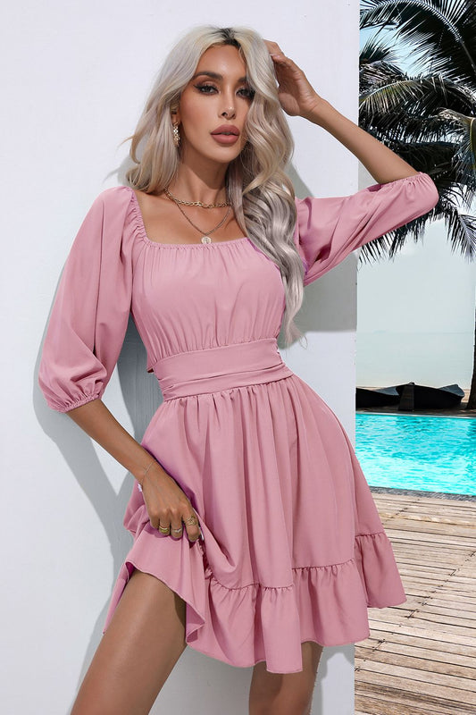 Square Neck Tie Back Ruffle Hem Dress - Blush Pink / S