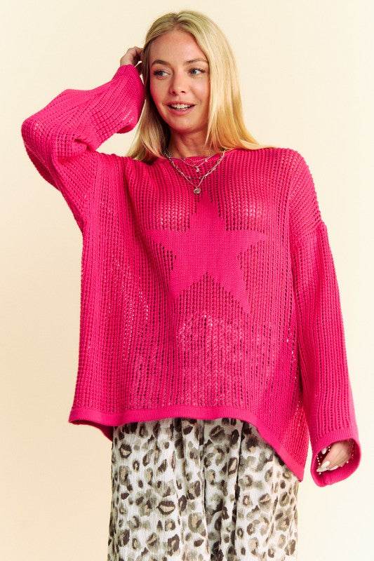 Davi & Dani Star Front Crochet Drop Shoulder Knit Top - Amexza