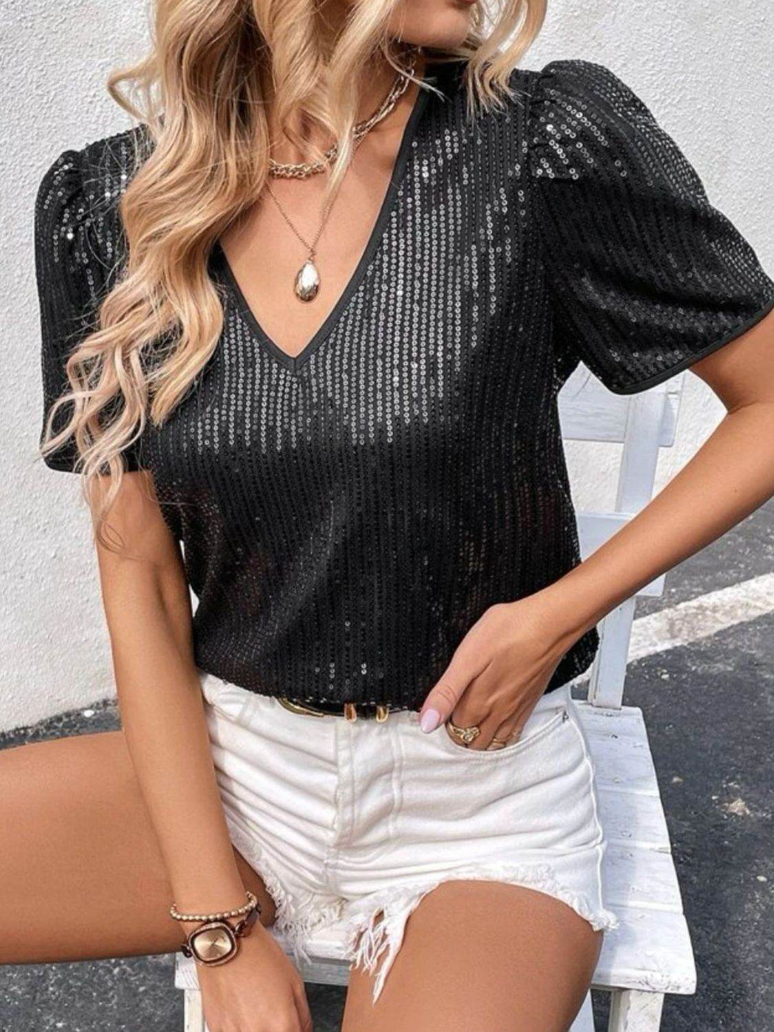 Sequin Round Neck Short Sleeve Top for a perfect OOTD – dress to impress outfits from Amexza