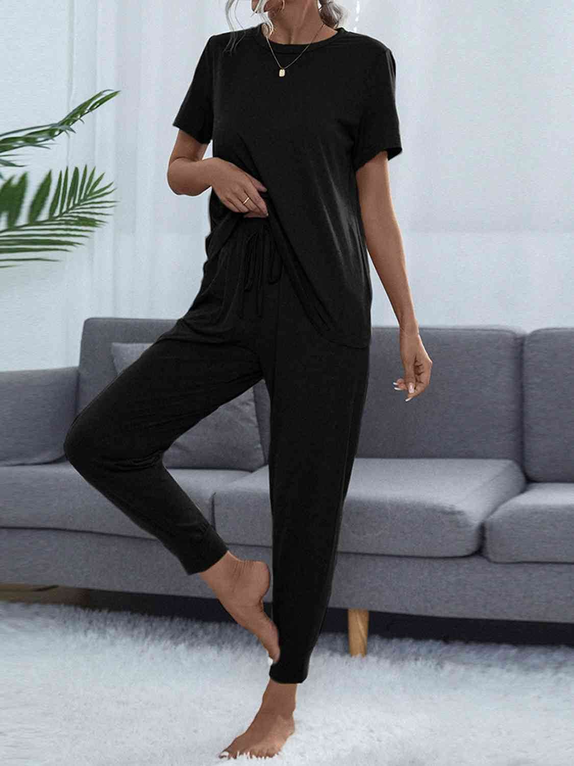 Shiny Round Neck Short Sleeve Top and Pants Set Black for a perfect OOTD – dress to impress outfits from Amexza