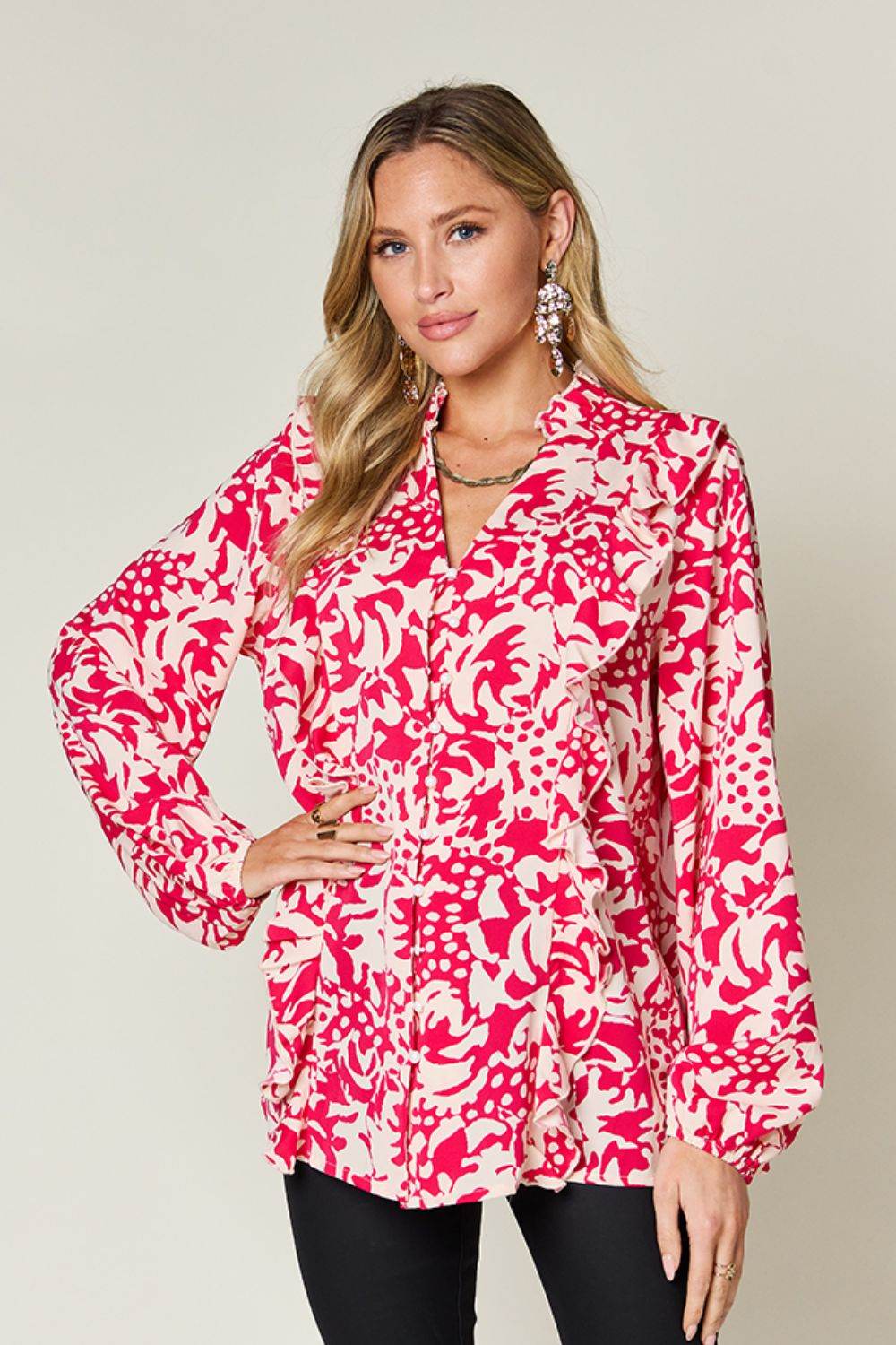 Double Take Full Size Printed Ruffle Trim Balloon Sleeve Shirt Hot Pink for a perfect OOTD – dress to impress outfits from Amexza