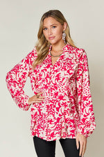 Double Take Full Size Printed Ruffle Trim Balloon Sleeve Shirt - Amexza