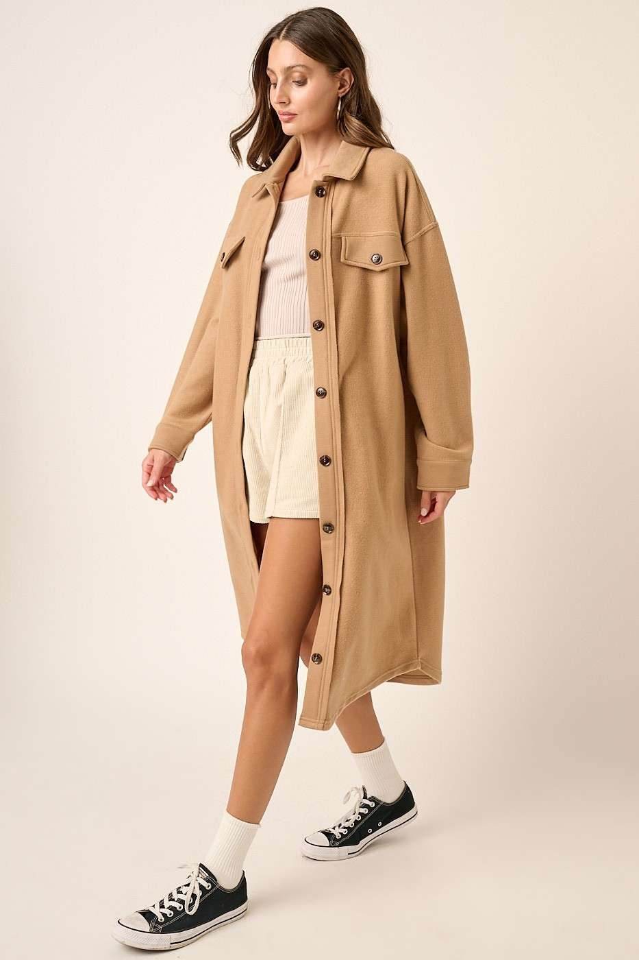 Mittoshop Button Up Drop Shoulder French Terry Longline Jacket Camel for a perfect OOTD – dress to impress outfits from Amexza