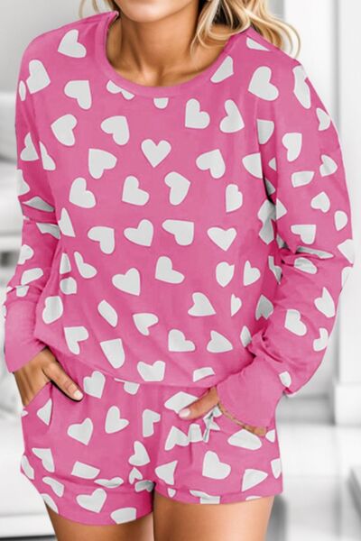 Heart Print Round Neck Top and Shorts Lounge Set Hot Pink for a perfect OOTD – dress to impress outfits from Amexza