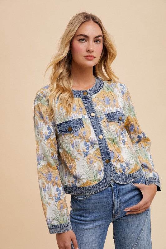 Annie Wear Floral Jacquard Denim Contrast Button Down Jacket for a perfect OOTD – dress to impress outfits from Amexza