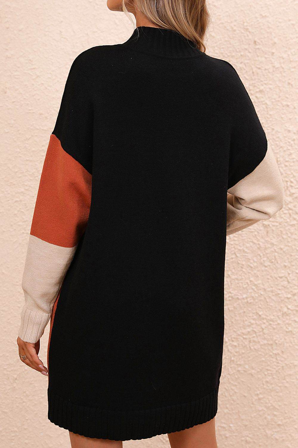 Color Block Mock Neck Dropped Shoulder Sweater Dress for a perfect OOTD – dress to impress outfits from Amexza