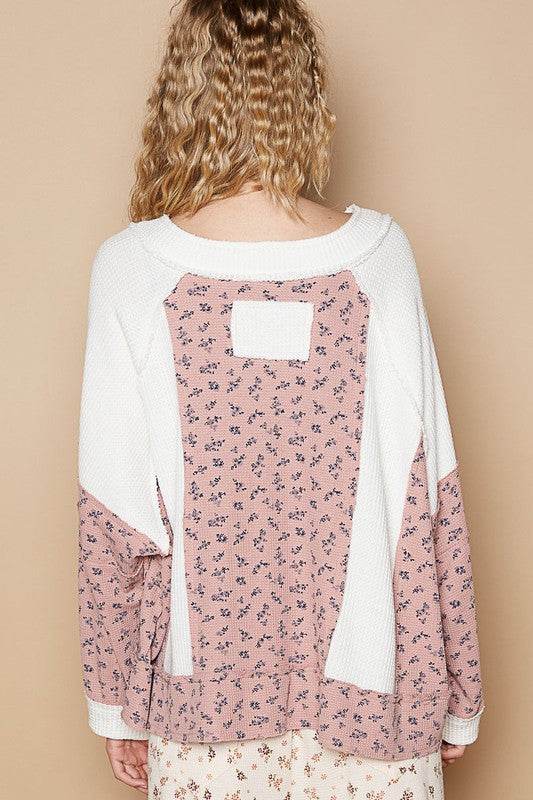 POL Waffle Knit Floral Notched Long Sleeve Top - Amexza