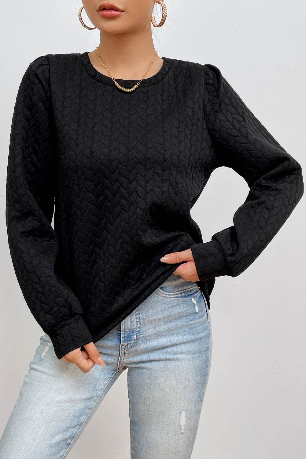 Texture Round Neck Long Sleeve Sweatshirt - Amexza