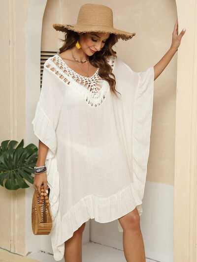 Cutout Ruffled Half Sleeve Cover-Up Ivory One Size for a perfect OOTD – dress to impress outfits from Amexza