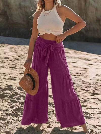 Tied Ruched Wide Leg Pants - Amexza