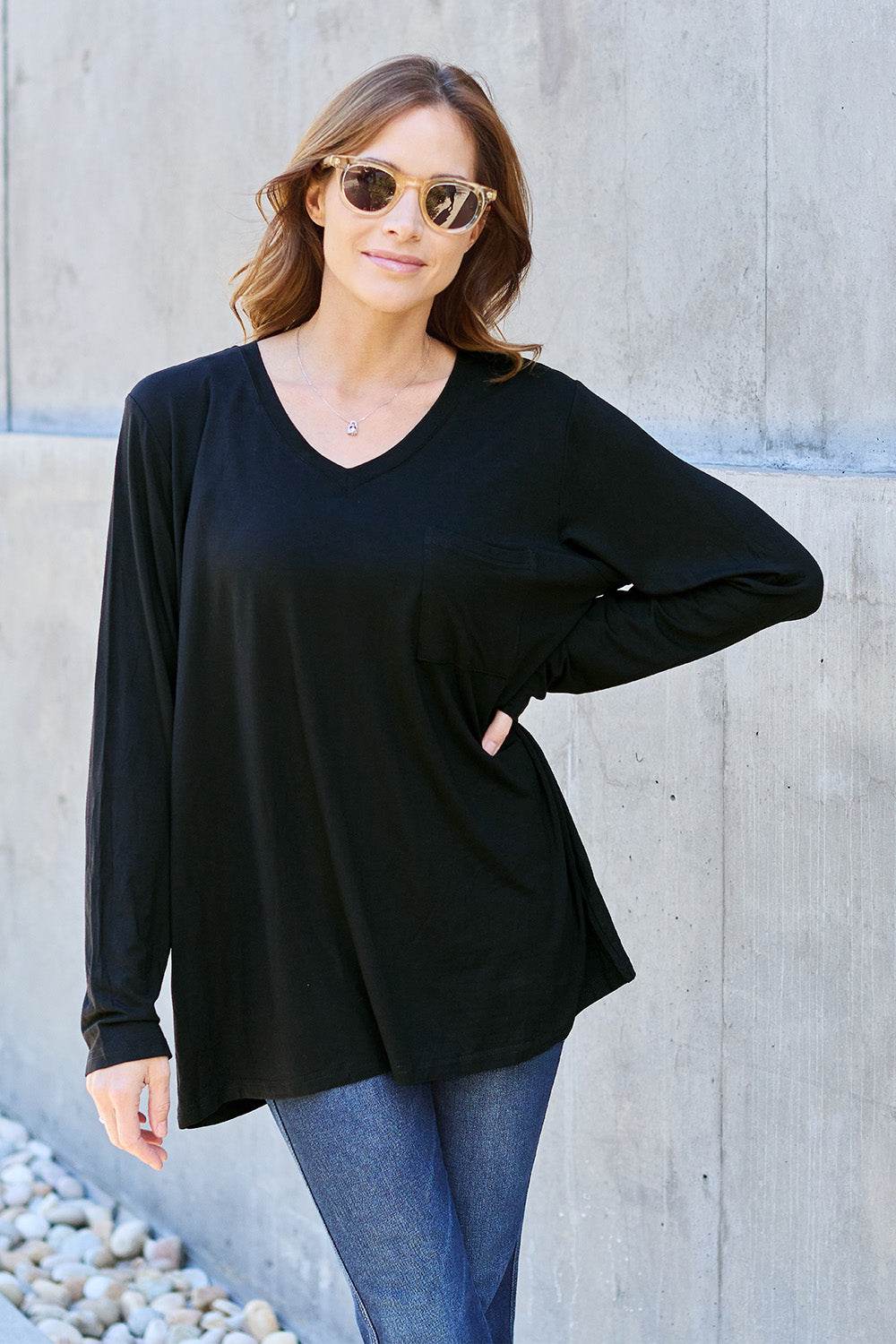 Basic Bae Full Size V-Neck Long Sleeve Top Black for a perfect OOTD – dress to impress outfits from Amexza