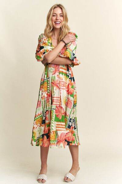 ADORA Floral V-Neck Puff Sleeve Midi Dress for a perfect OOTD – dress to impress outfits from Amexza